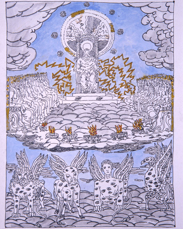 Giorgio de Chirico, L'Apocalisse. Ed ecco, un trono stava nel cielo (1977), litografia acquarellata